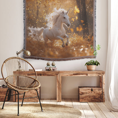 Unicorn Galloping Through Golden Autumn Leaves Woven Throw Blanket in Magical Forest with Soft Ethereal Light - Awakening Righteousness