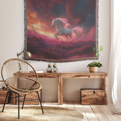 Unicorn Running Through Glowing Meadow Woven Throw Blanket with Stardust Under Twilight Sky in Pink and Purple Hues - Awakening Righteousness