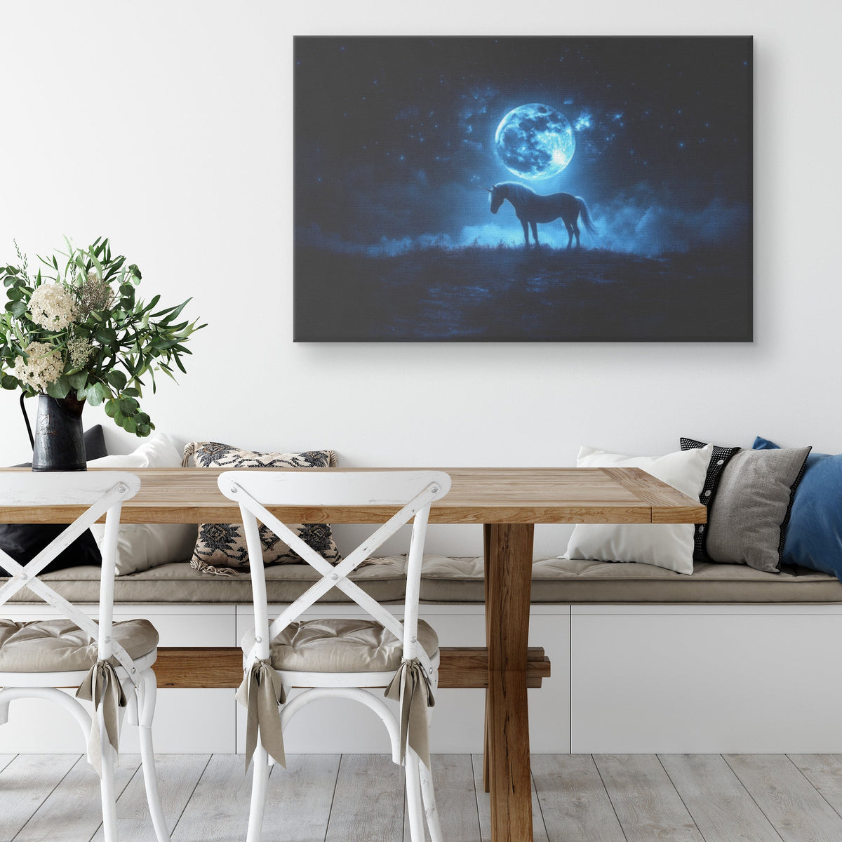 Unicorn Silhouette Against Glowing Full Moon on Misty Hilltop with Shimmering Silver Mane Canvas Wall Art Decor - Awakening Righteousness