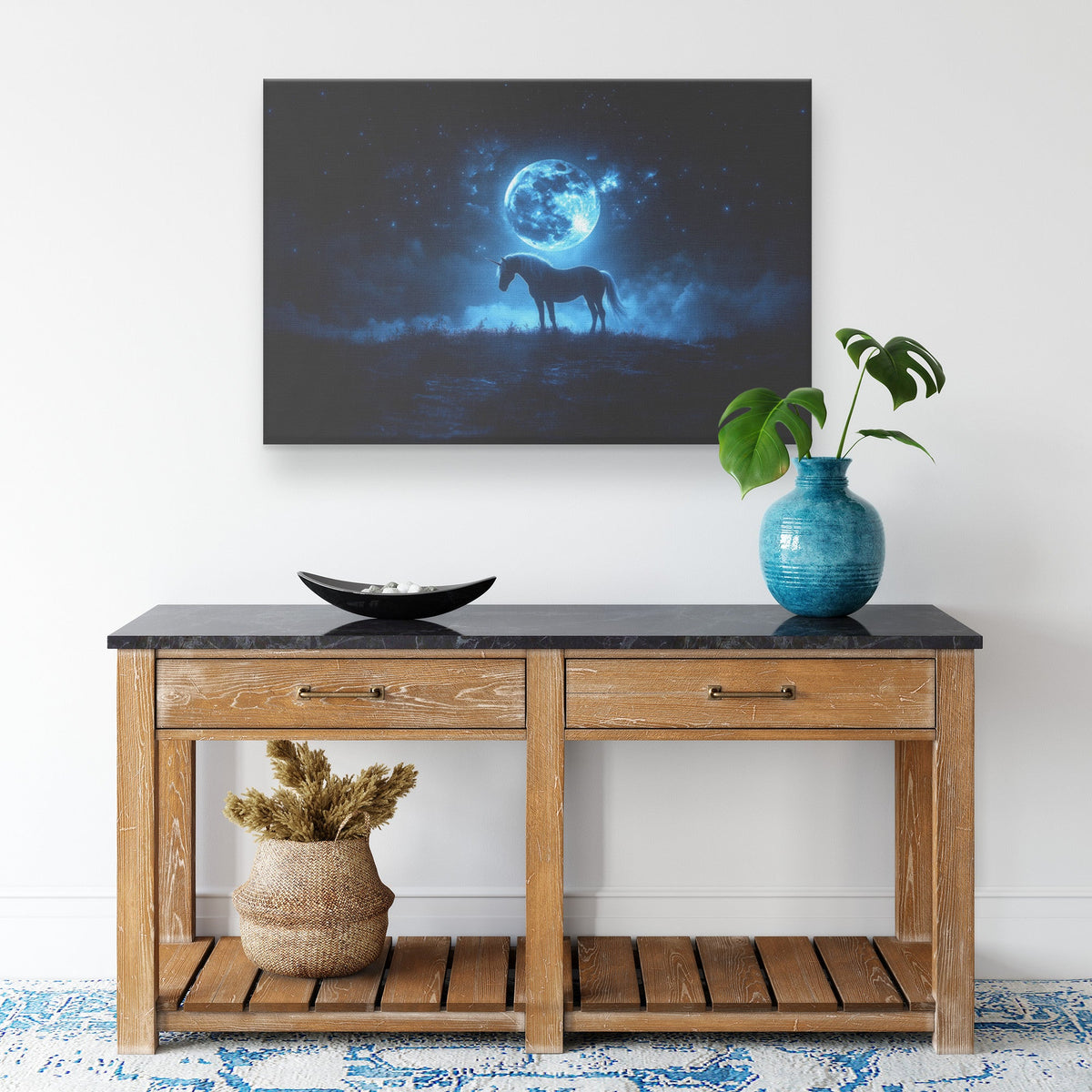 Unicorn Silhouette Against Glowing Full Moon on Misty Hilltop with Shimmering Silver Mane Canvas Wall Art Decor - Awakening Righteousness