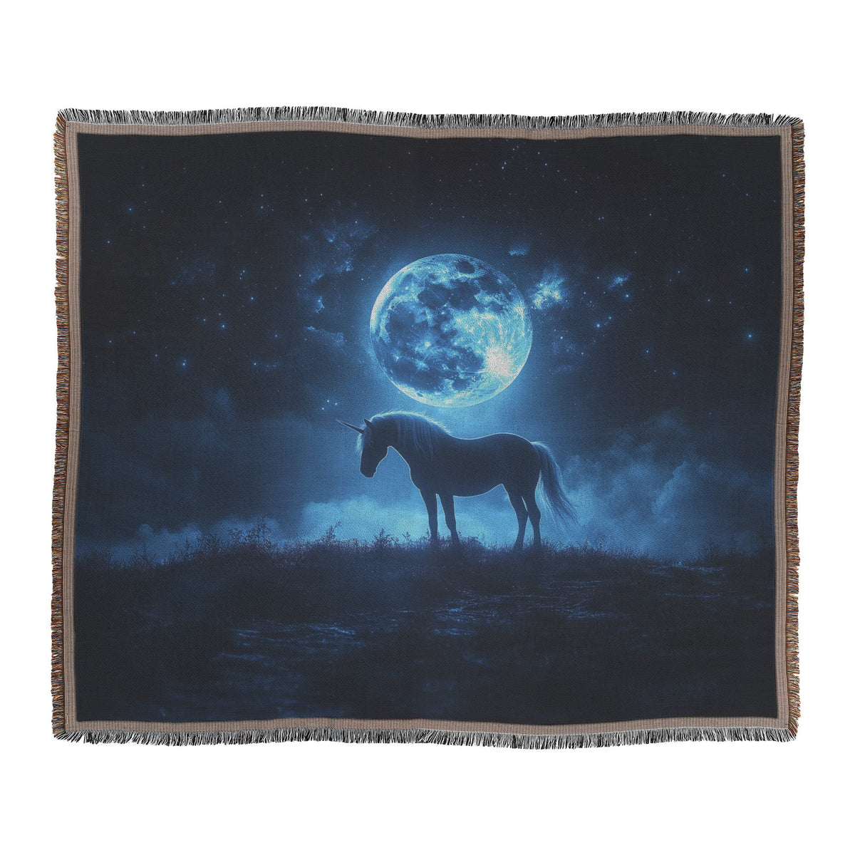 Unicorn Silhouetted Against Glowing Full Moon Woven Throw Blanket with Silver Light and Shimmering Mane on Misty Hilltop - Awakening Righteousness