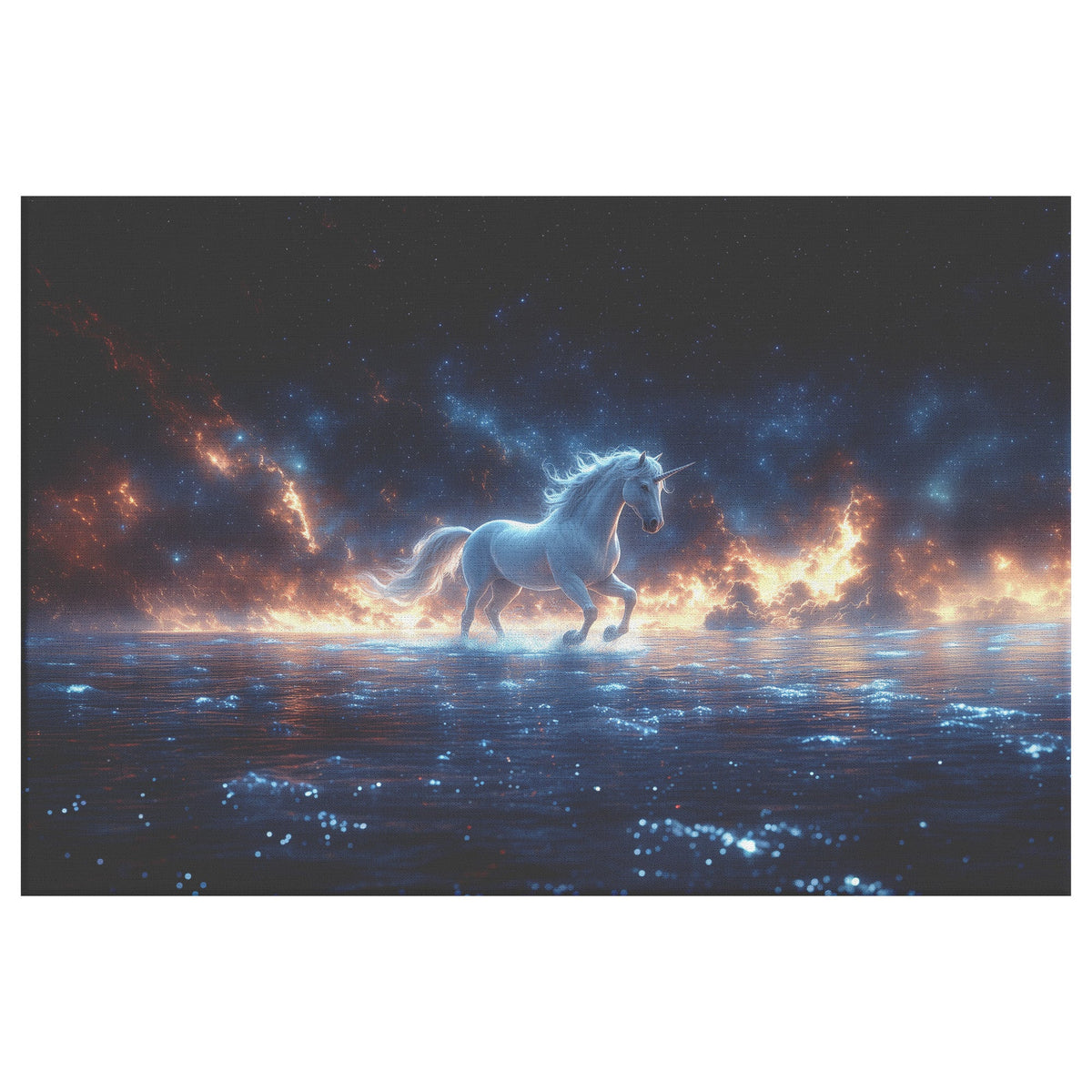 Unicorn Walking Gracefully on Glowing Crystal Water Under Starry Night Sky with Silver Mane Canvas Wall Art Decor - Awakening Righteousness