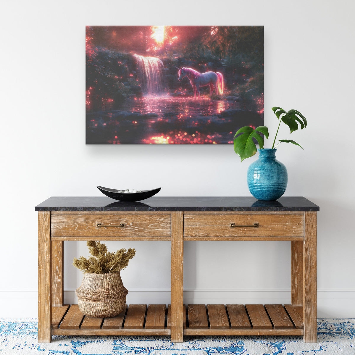 Unicorn with Shimmering Rainbow Mane Near Glowing Waterfall Surrounded by Lush Plants Canvas Wall Art Decor - Awakening Righteousness