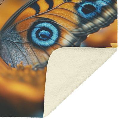 Vibrant Butterfly with Blue Eyes on Orange Flower Fleece Sherpa Blanket - Awakening Righteousness
