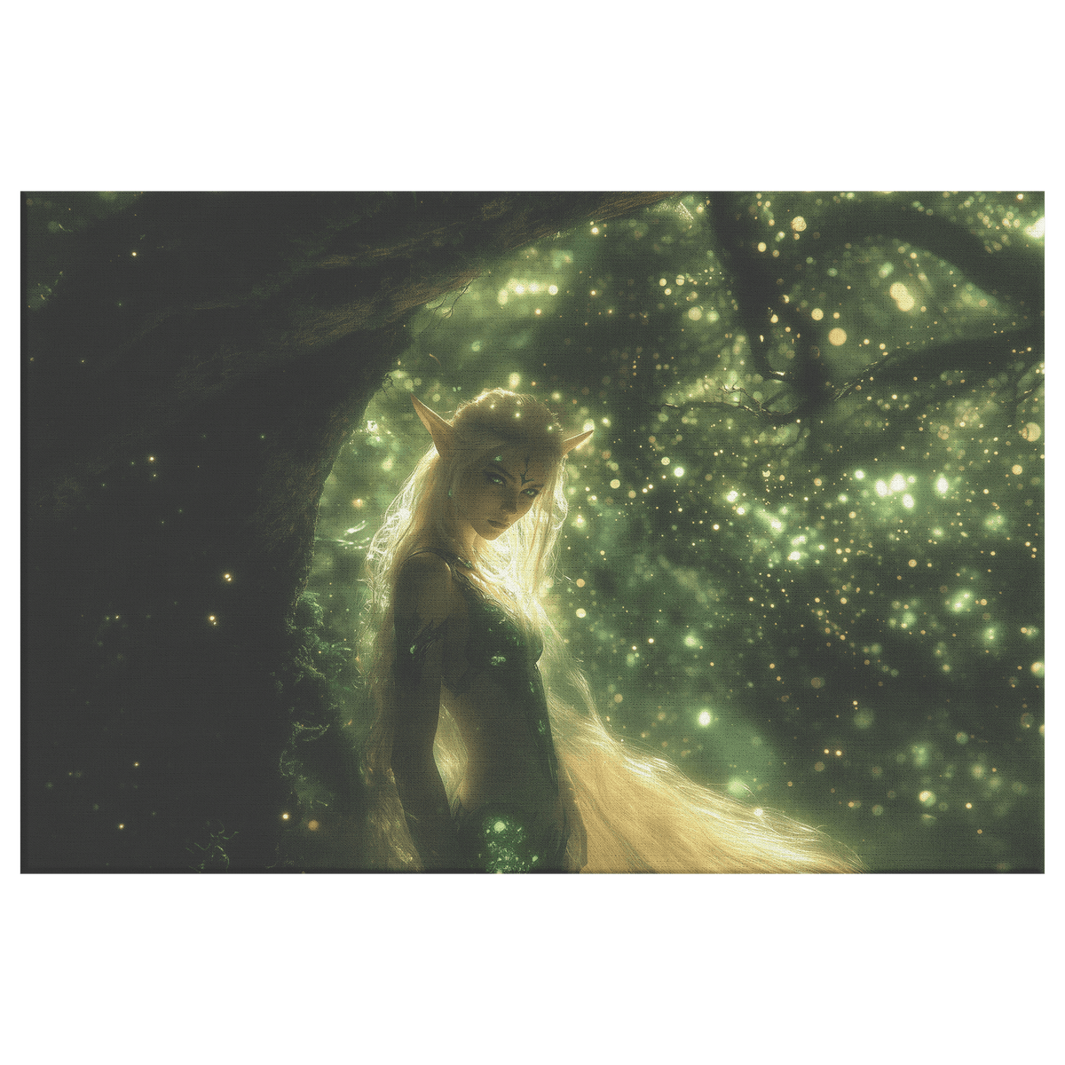 Vibrant Female Blood Elf Hunter in Enchanted Forest with Golden Mist and Radiant Green Light Canvas Wall Art - Awakening Righteousness