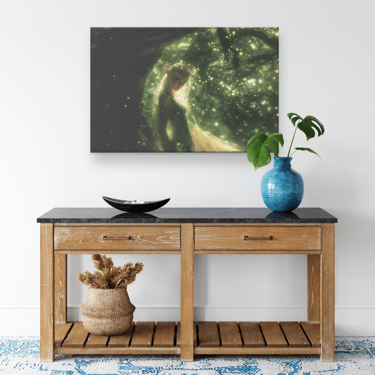 Vibrant Female Blood Elf Hunter in Enchanted Forest with Golden Mist and Radiant Green Light Canvas Wall Art - Awakening Righteousness