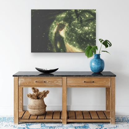 Vibrant Female Blood Elf Hunter in Enchanted Forest with Golden Mist and Radiant Green Light Canvas Wall Art - Awakening Righteousness