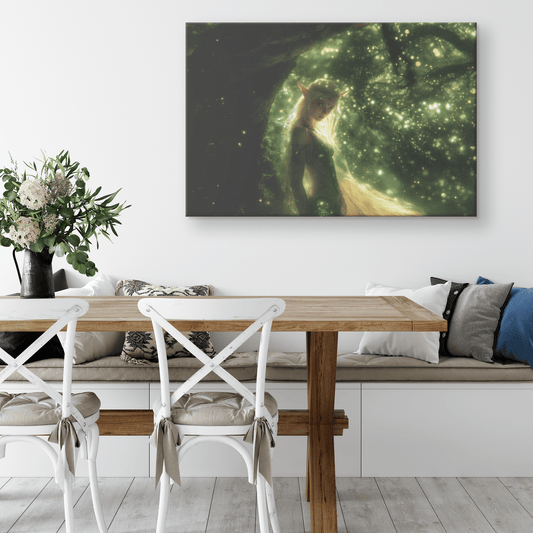 Vibrant Female Blood Elf Hunter in Enchanted Forest with Golden Mist and Radiant Green Light Canvas Wall Art - Awakening Righteousness