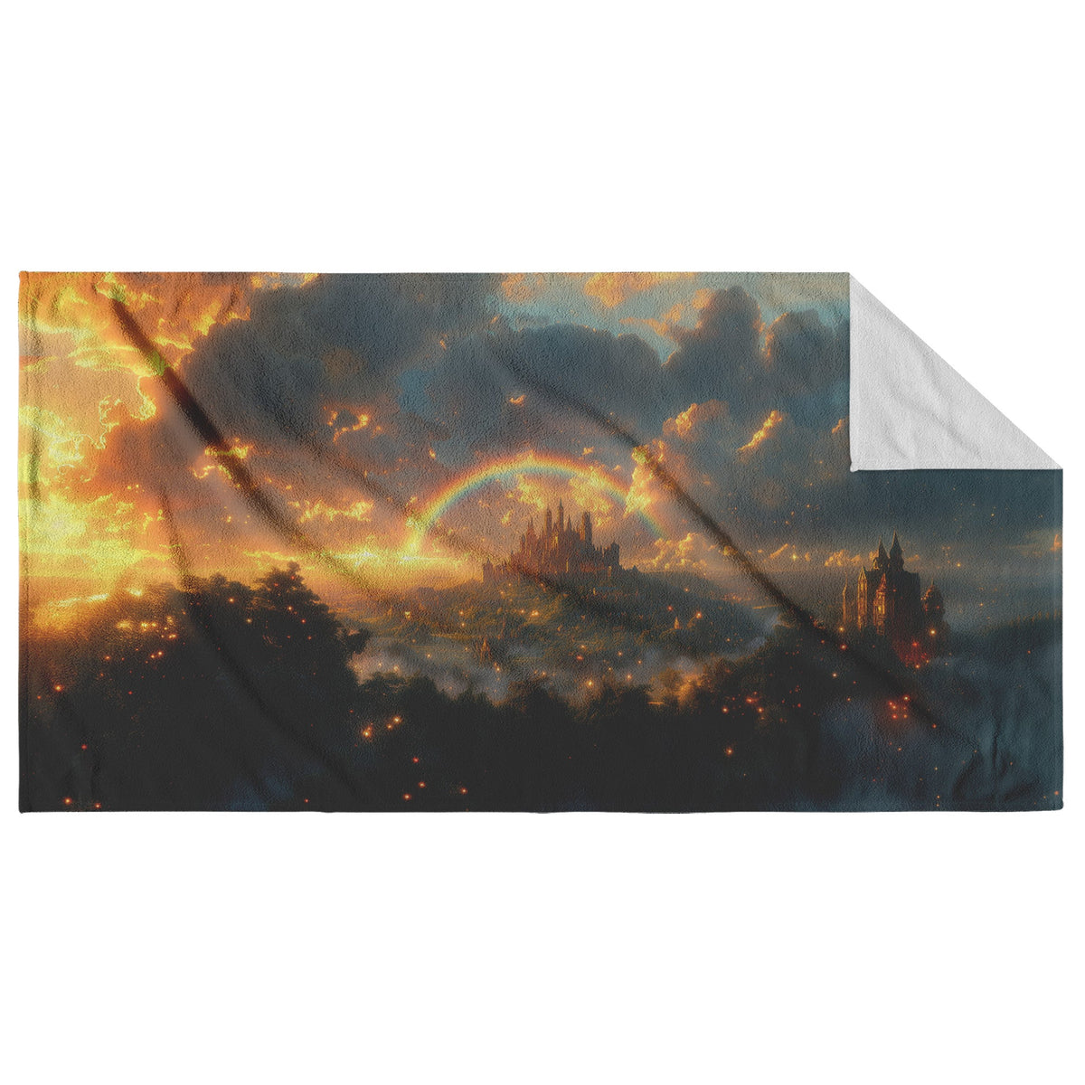 Vibrant Rainbow Arching Over Enchanted Fantasy Castle Lush Greenery Glowing Clouds Sparkling Golden Mist Beach Towel - Awakening Righteousness