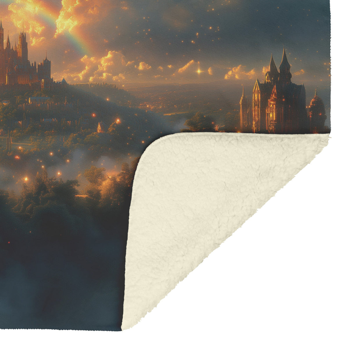 Vibrant Rainbow Over Enchanted Fantasy Castle Lush Greenery Glowing Clouds Golden Mist Fleece Sherpa Blanket - Awakening Righteousness
