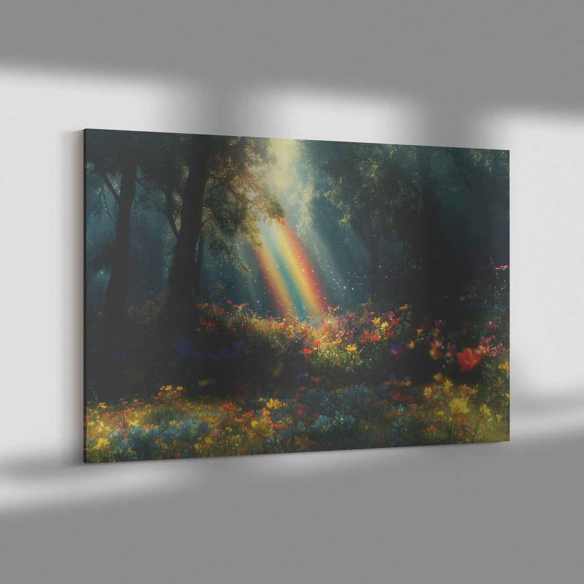 Vibrant Rainbow Over Mystical Forest Clearing Glowing Trees Ethereal Light Colorful Wildflowers Shimmering Mist Canvas Art - Awakening Righteousness