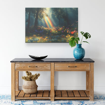 Vibrant Rainbow Over Mystical Forest Clearing Glowing Trees Ethereal Light Colorful Wildflowers Shimmering Mist Canvas Art - Awakening Righteousness