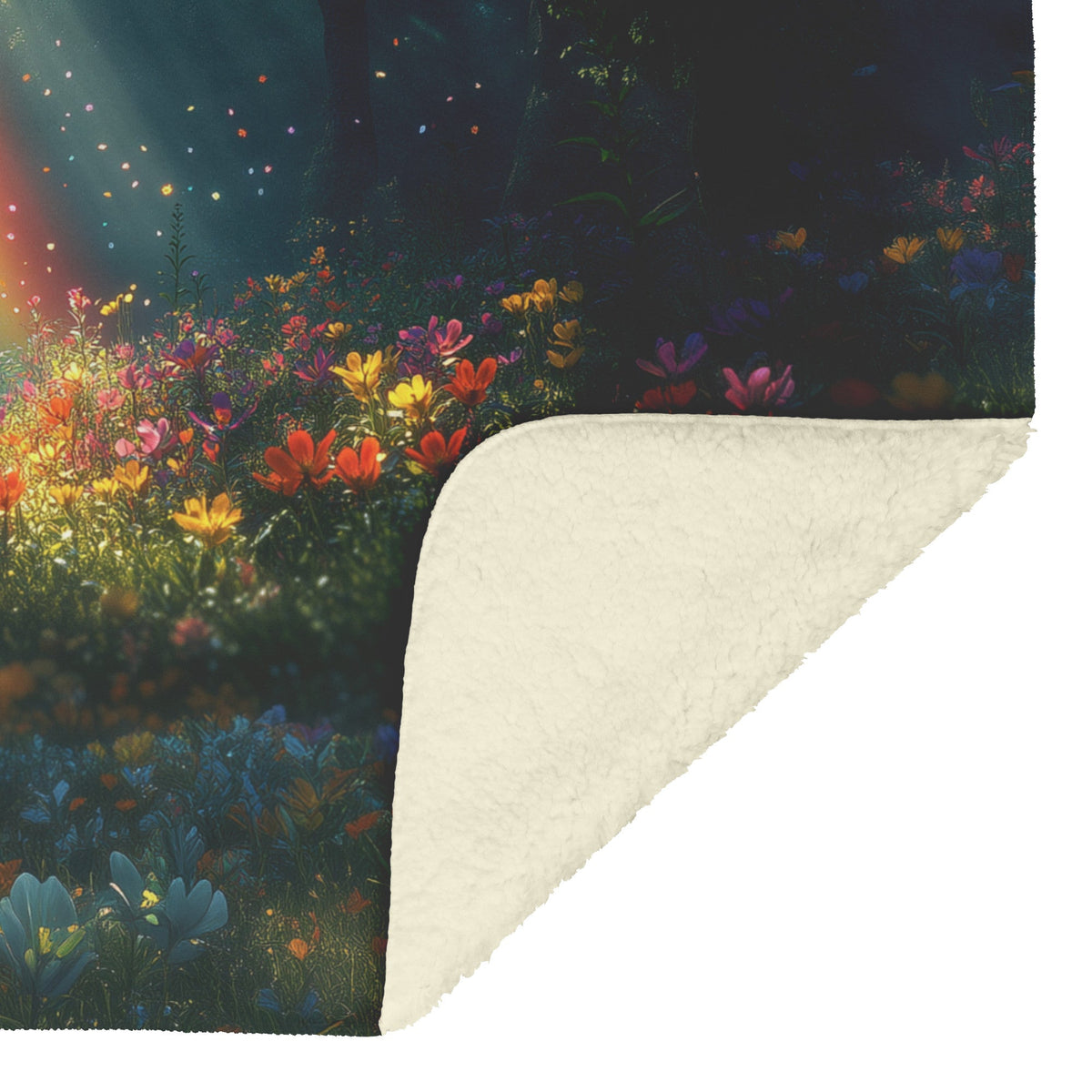 Vibrant Rainbow Over Mystical Forest Clearing Glowing Trees Ethereal Light Wildflowers Shimmering Mist Fleece Sherpa Blanket - Awakening Righteousness