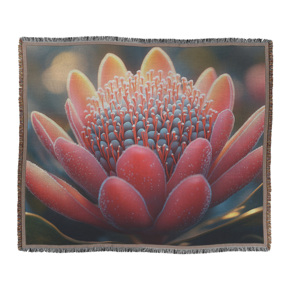 Vibrant red flower with blue center intricate petal details woven throw blanket nature's beauty delicate design - Awakening Righteousness