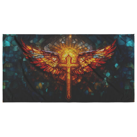 Vibrant Stained Glass Cross Beach Towel with Fiery Angel Wings Christian Design Faith Inspired Bold Beach Essentials - Awakening Righteousness