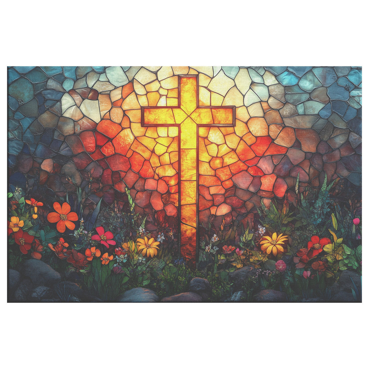 Vibrant Stained Glass Cross with Sunlit Wildflowers Inspirational Canvas Wall Art Christian Home Decor - Awakening Righteousness