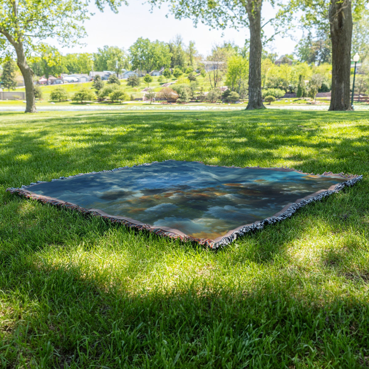Vibrant Woven Throw Blanket with Sunny Floral Meadow and Peaceful Lake View Under Bright Blue Sky - Awakening Righteousness