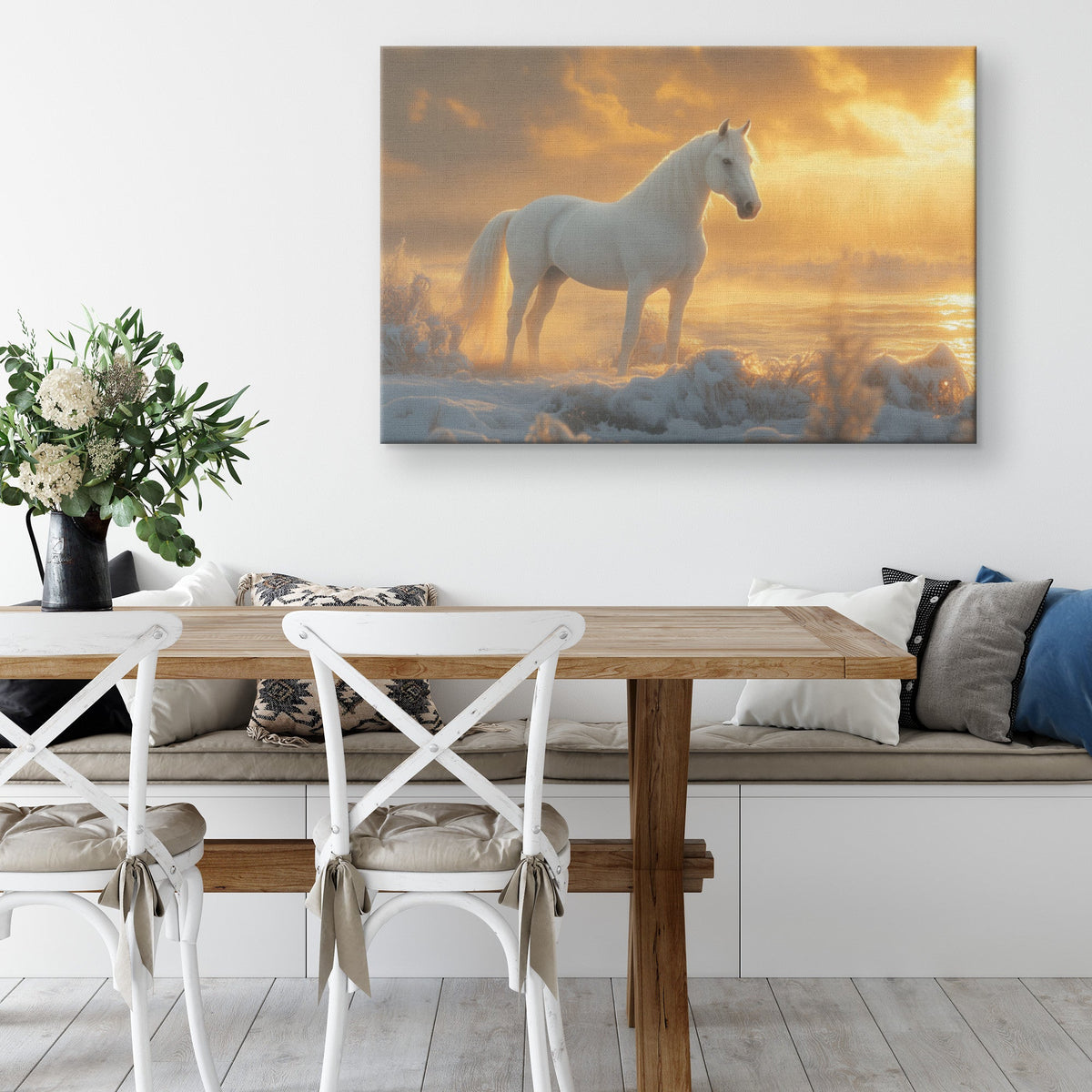 White Arabian Horse in Snowy Landscape Under Soft Glowing Sunlight with Hyper Detailed Fur Canvas Wall Art Decor - Awakening Righteousness