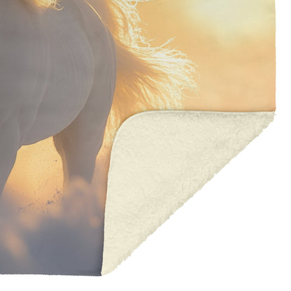 White Arabian Horse in Snowy Landscape Under Soft Glowing Sunlight with Snow Textures Fleece Sherpa Blanket - Awakening Righteousness