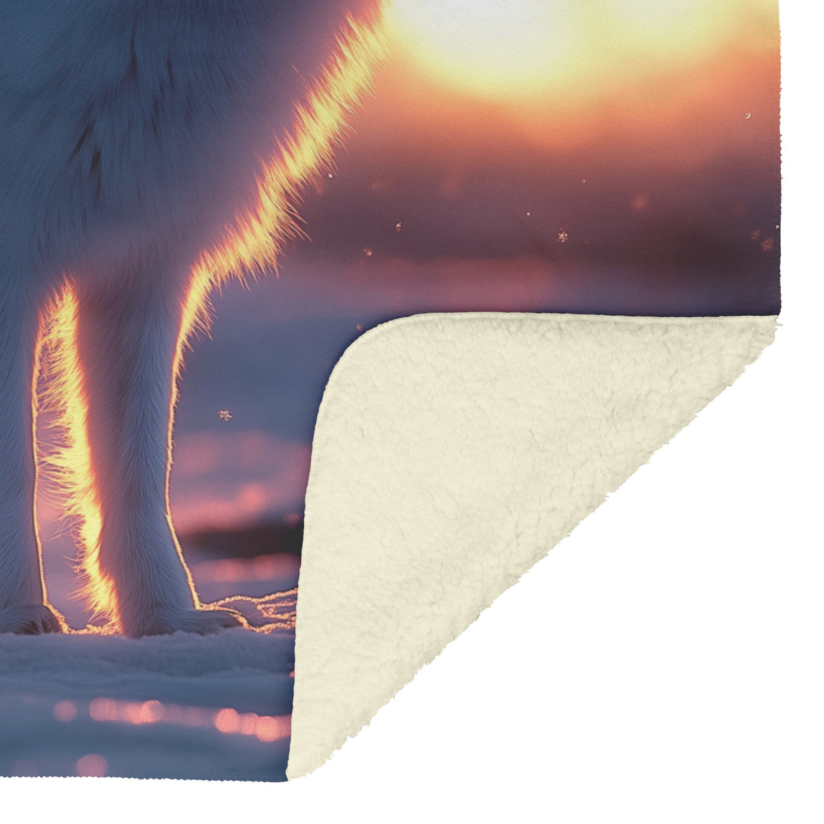 White Arctic Fox on Glowing Snow Under Vibrant Sunset with Silver Highlights in Fur Magical Fleece Sherpa Blanket - Awakening Righteousness