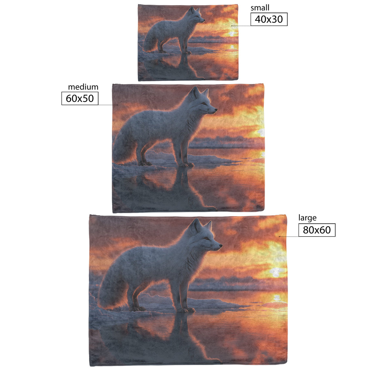 White Arctic Fox on Glowing Snow Under Vibrant Sunset with Silver Highlights in Fur Magical Fleece Sherpa Blanket - Awakening Righteousness