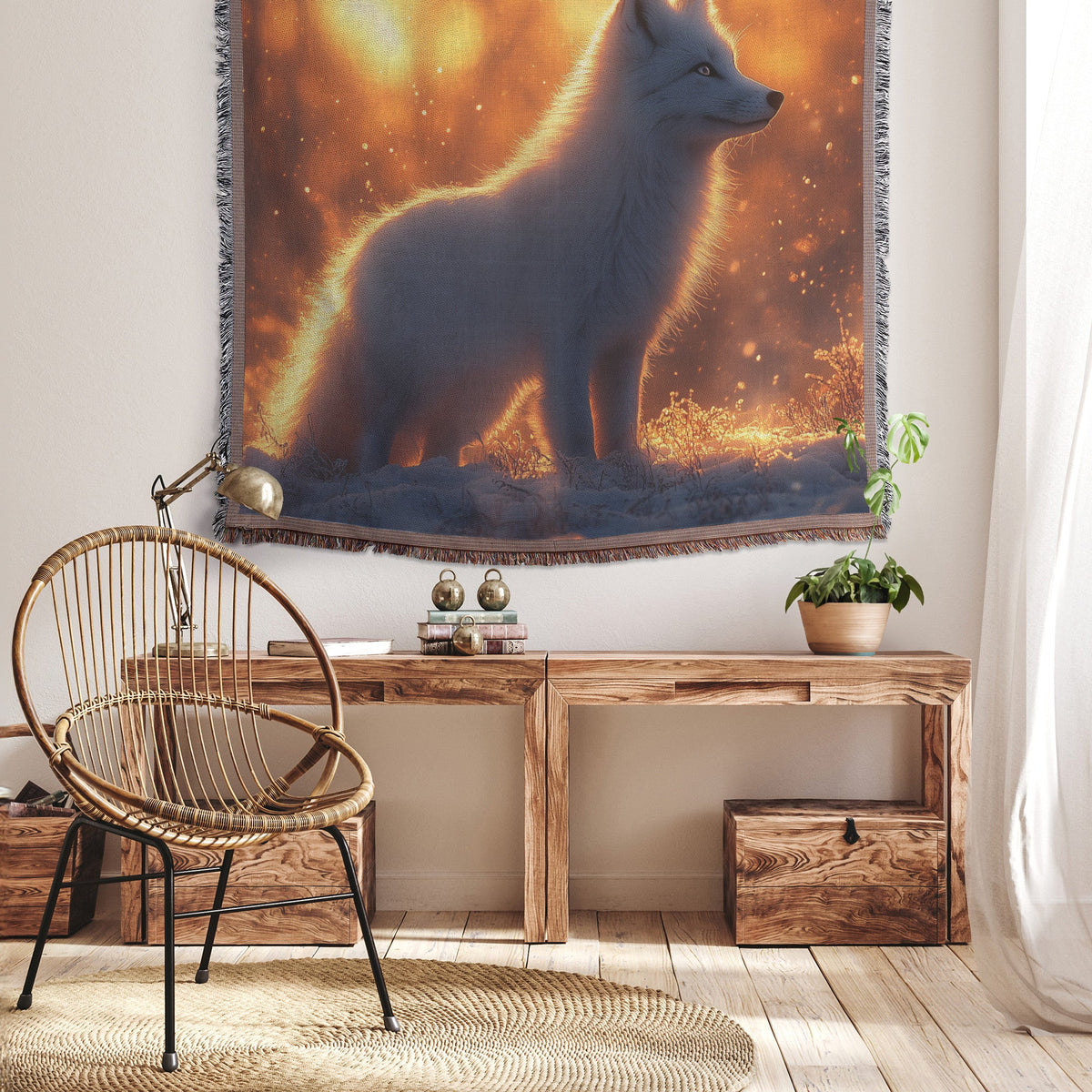 White Arctic Fox Standing on Glowing Snow Under Vibrant Sunset with Silver Highlights on Fur Woven Throw Blanket - Awakening Righteousness