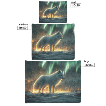 White Arctic Fox Under Northern Lights on Glowing Snow Magical Fleece Sherpa Blanket for Cozy Winter Nights - Awakening Righteousness