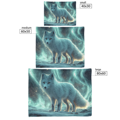 White Arctic Fox Under Northern Lights on Glowing Snow Magical Fleece Sherpa Blanket for Cozy Winter Nights - Awakening Righteousness