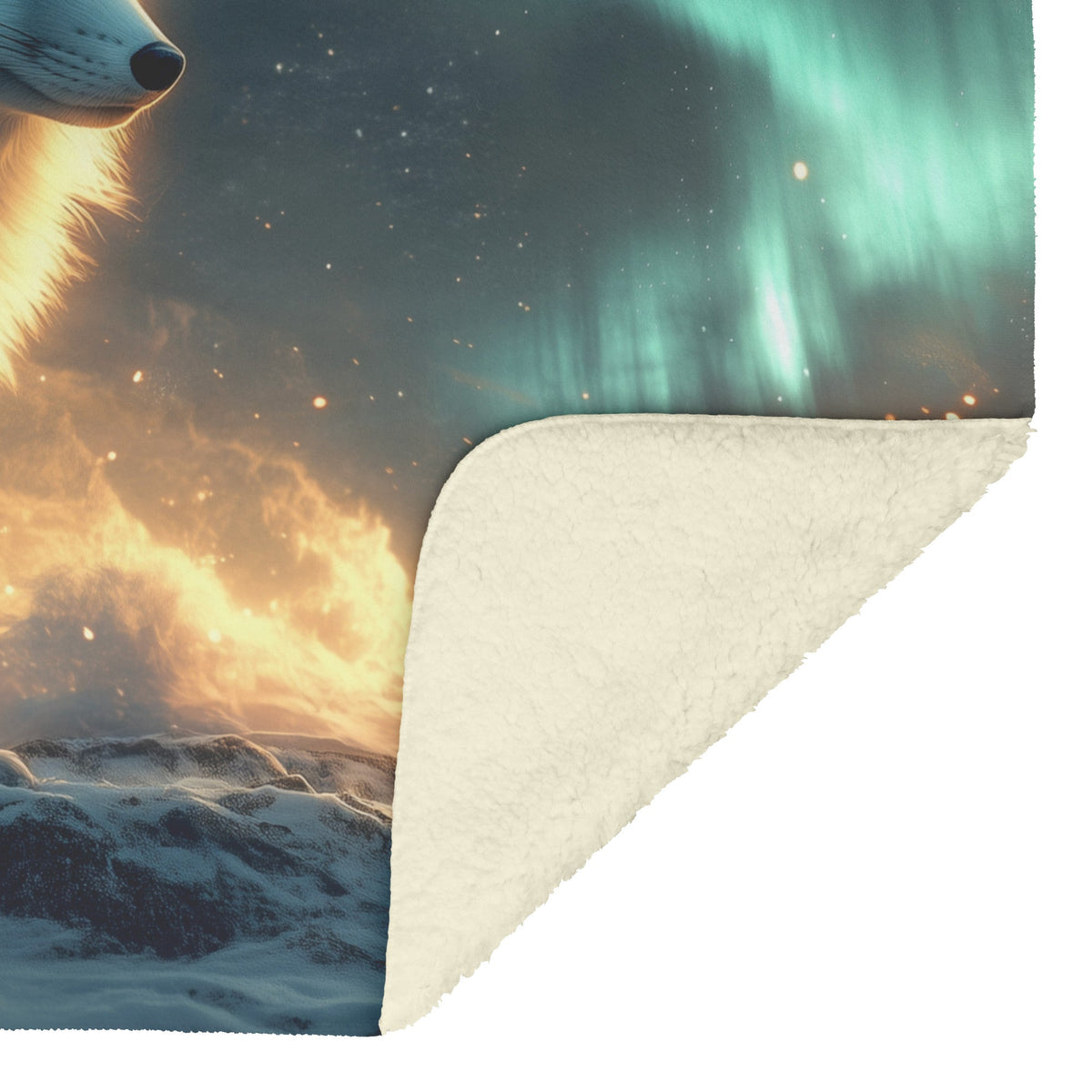 White Arctic Fox Under Northern Lights on Glowing Snow Magical Fleece Sherpa Blanket for Cozy Winter Nights - Awakening Righteousness