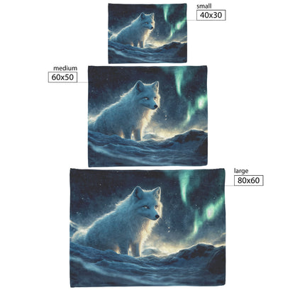 White Arctic Fox Under Northern Lights on Glowing Snow Magical Fleece Sherpa Blanket for Cozy Winter Nights - Awakening Righteousness
