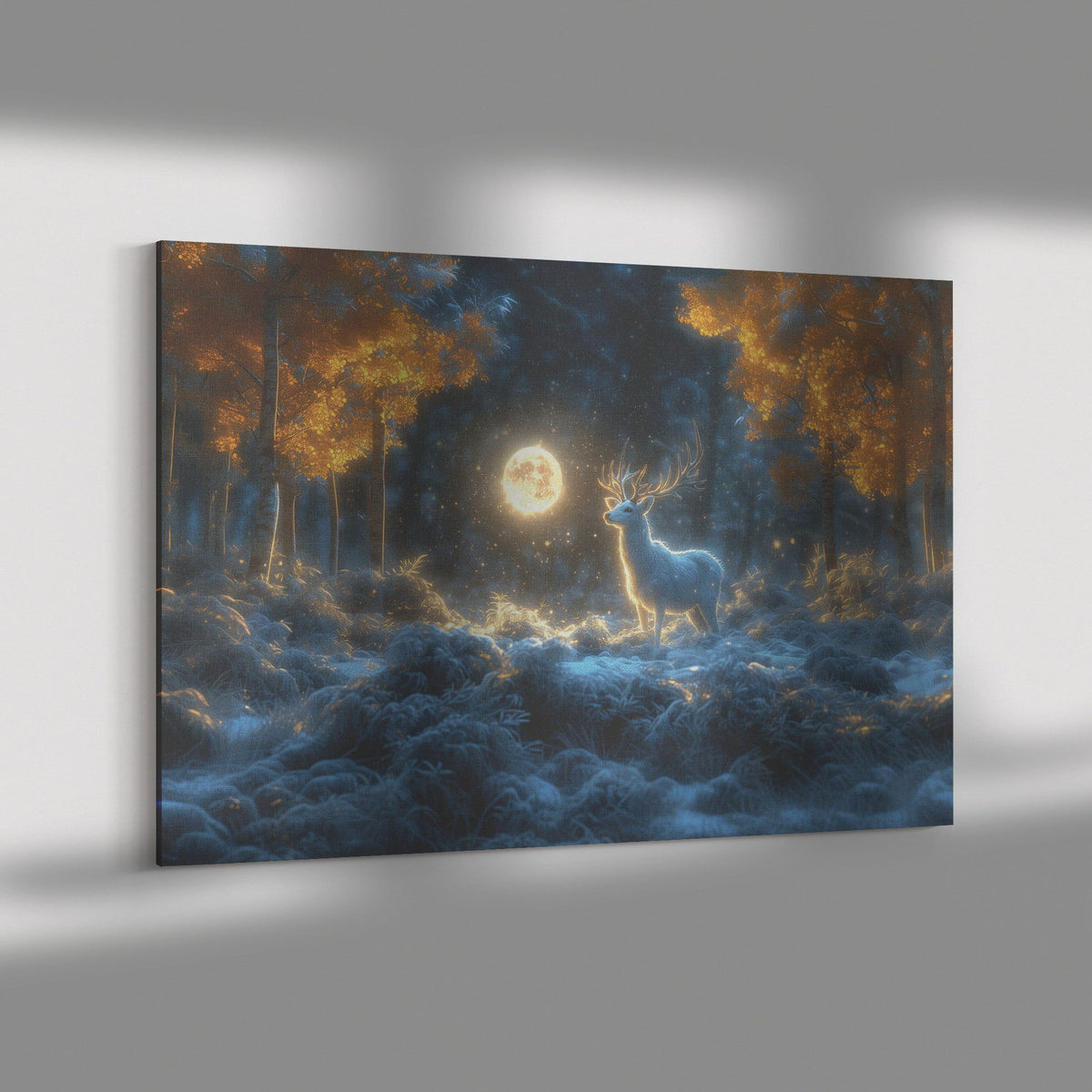 White Deer in Magical Snowy Forest Glowing Full Moon Intricate Antlers Silver Highlights Canvas Wall Art - Awakening Righteousness