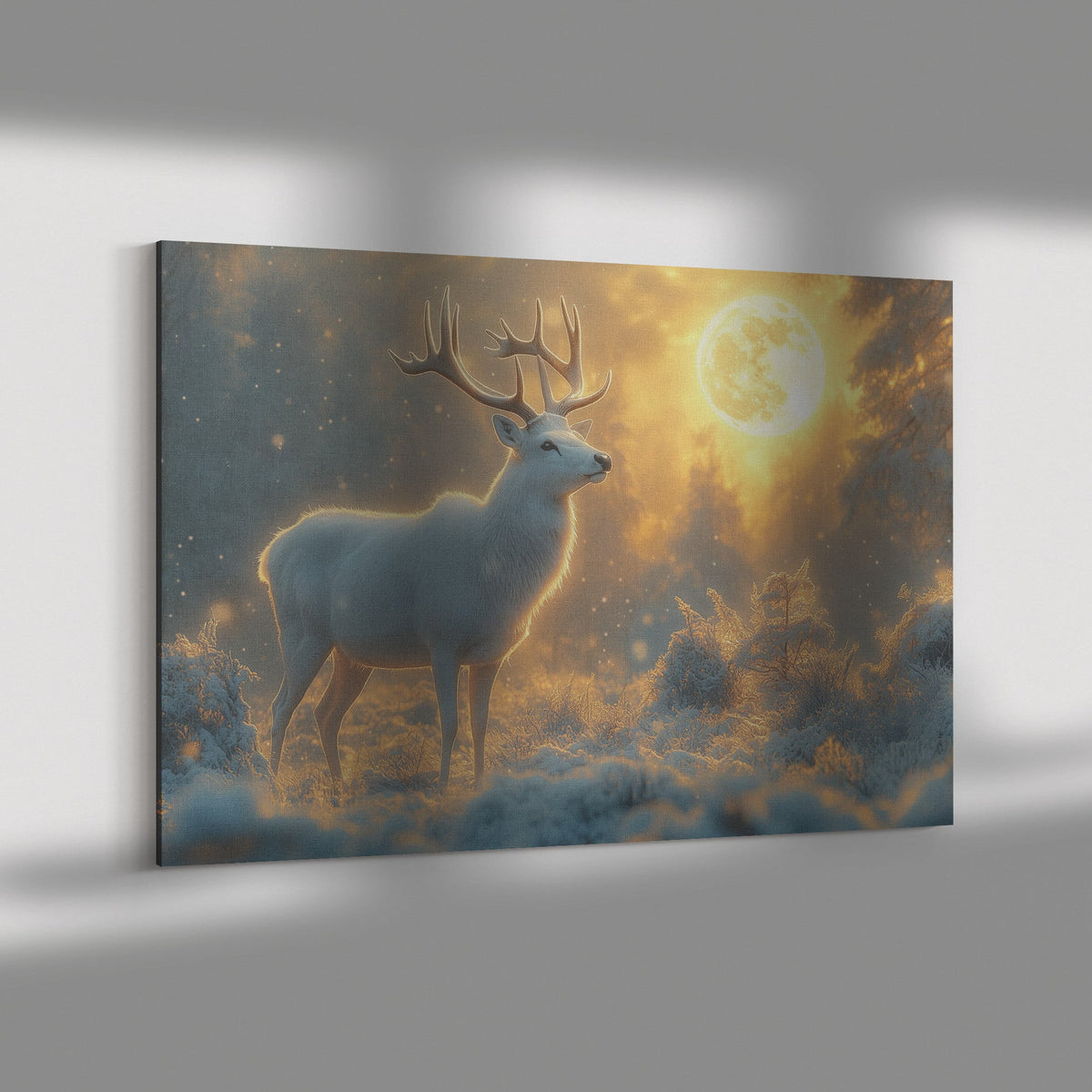 White Deer in Magical Snowy Forest Under Glowing Full Moon Canvas Wall Art Decor - Awakening Righteousness