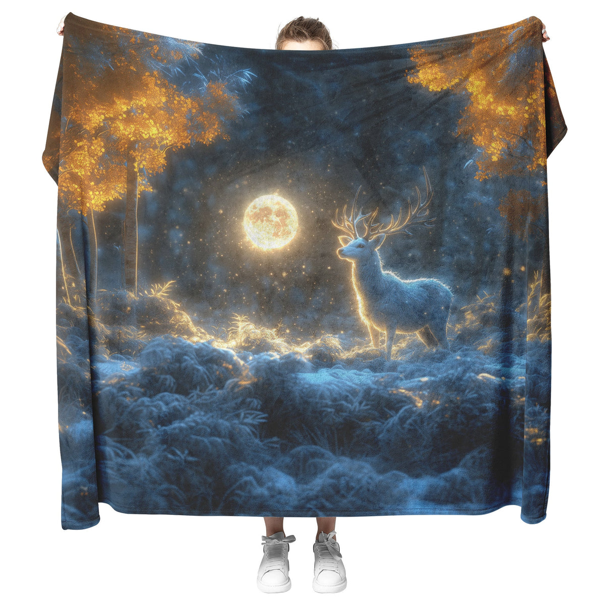 White Deer in Magical Snowy Forest Under Glowing Full Moon with Intricate Antlers and Silver Highlights Fleece Blanket - Awakening Righteousness