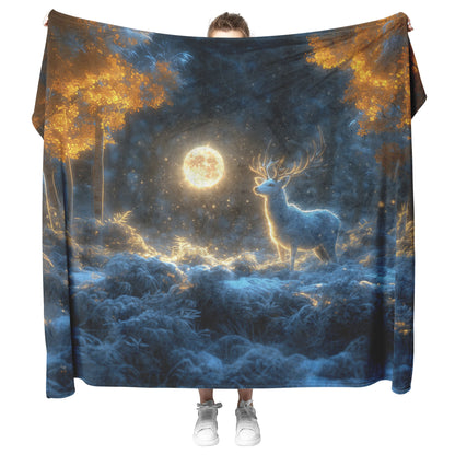 White Deer in Magical Snowy Forest Under Glowing Full Moon with Intricate Antlers and Silver Highlights Fleece Blanket - Awakening Righteousness