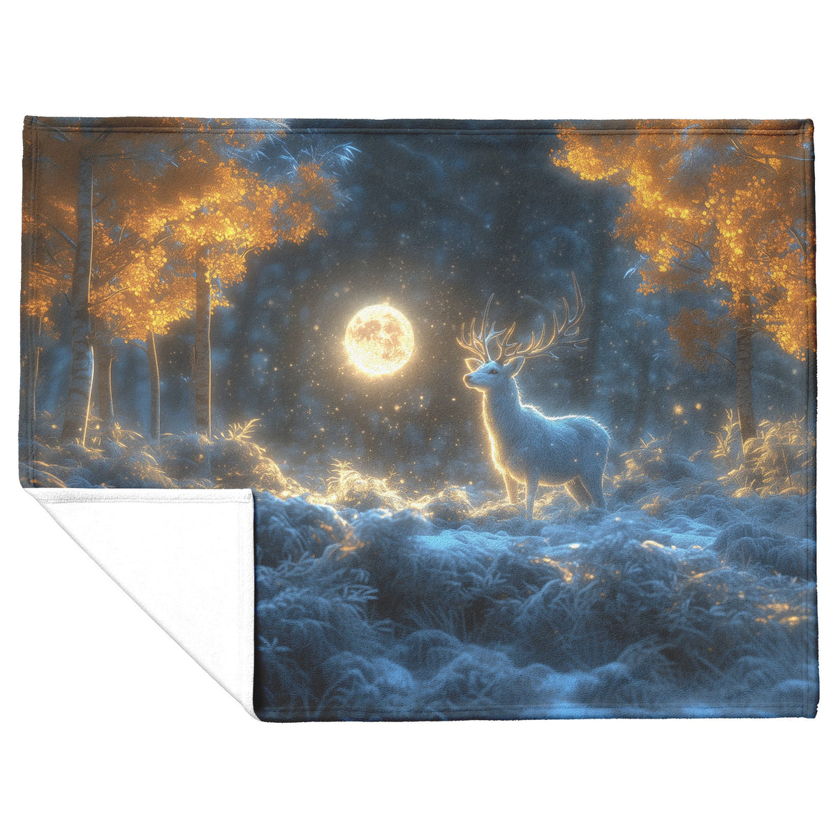 White Deer in Magical Snowy Forest Under Glowing Full Moon with Intricate Antlers and Silver Highlights Fleece Blanket - Awakening Righteousness
