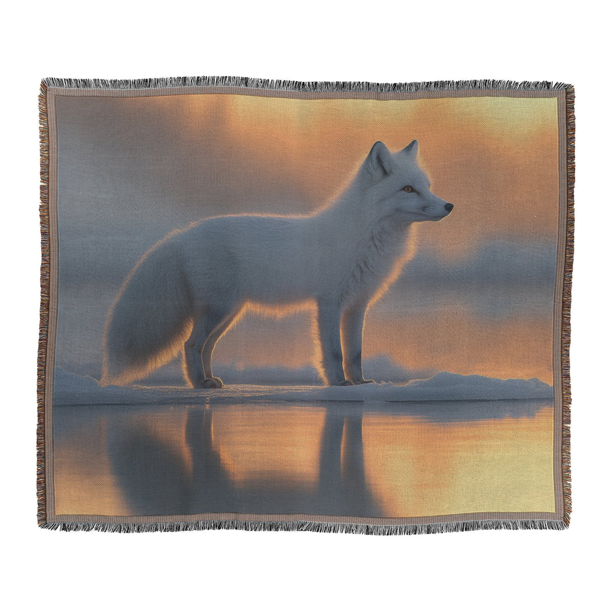 White Fox on Icy Lake Under Twilight Sky with Glowing Reflection in Crystal Clear Water Woven Throw Blanket - Awakening Righteousness