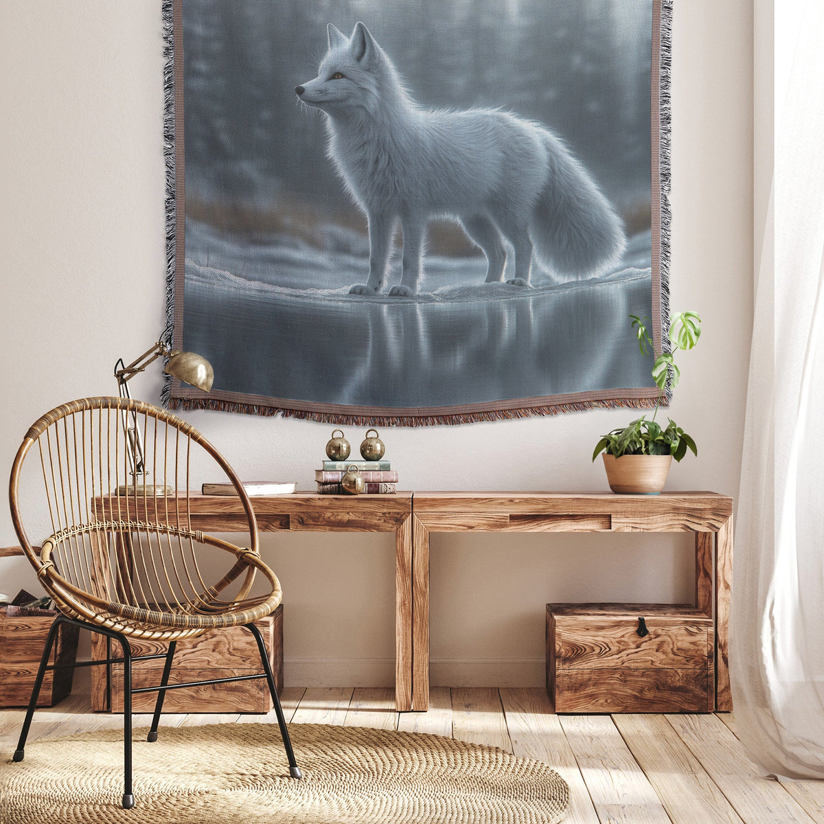 White Fox on Icy Lake with Softly Glowing Reflection in Crystal Clear Water Woven Throw Blanket - Awakening Righteousness