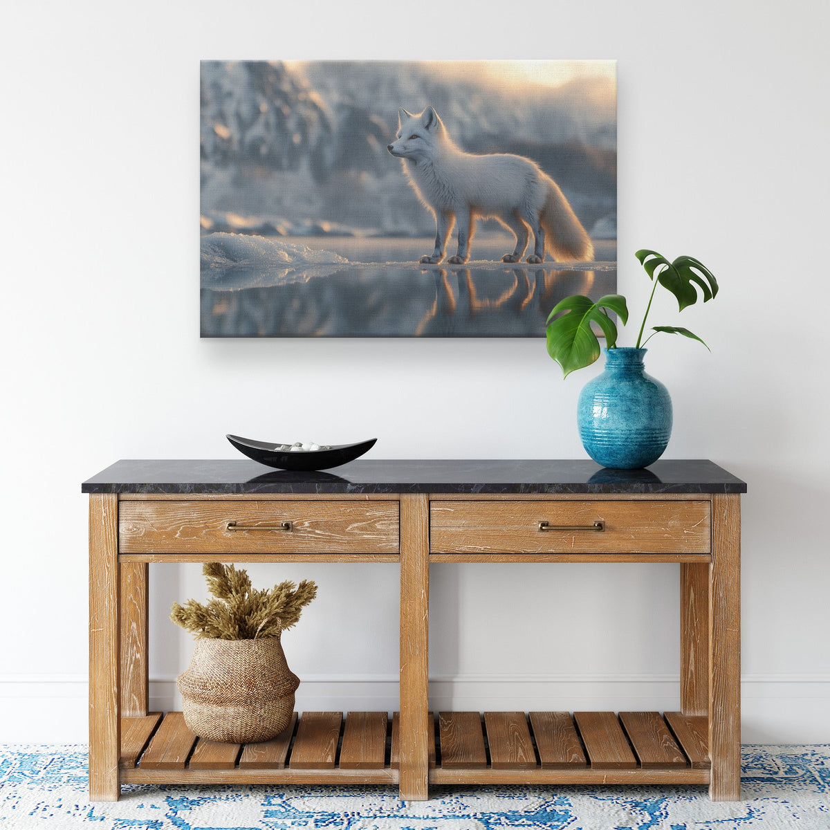 White Fox Standing on Icy Lake Under Twilight Sky Reflecting in Crystal Clear Water Canvas Wall Art Decor - Awakening Righteousness
