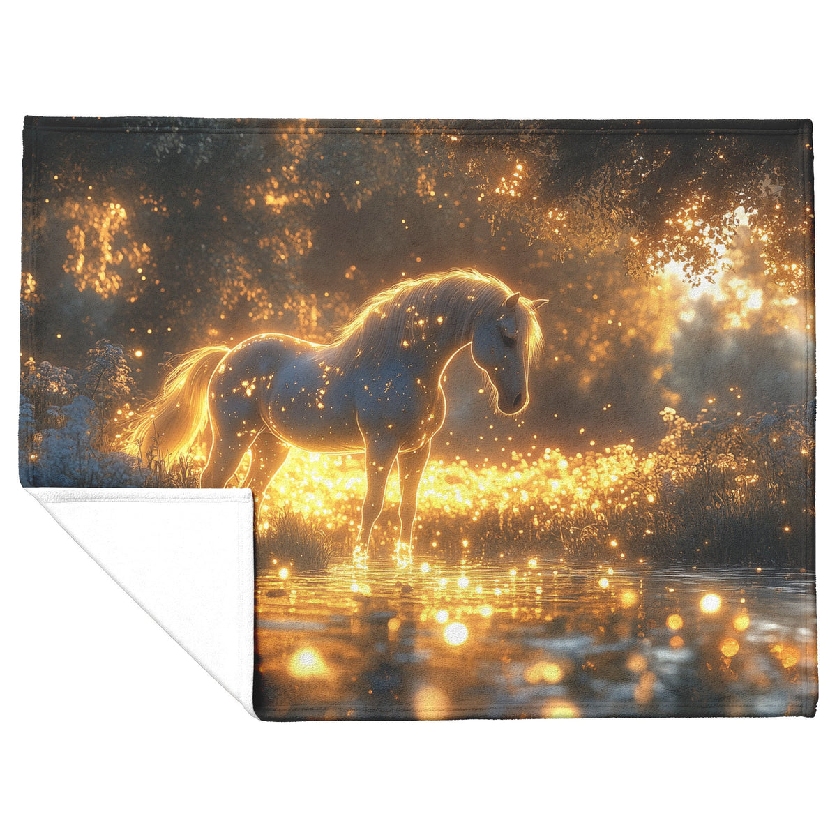 White Horse Standing in Glowing Forest Bathed in Ethereal Moonlight with Luminous Highlights Fleece Sherpa Blanket - Awakening Righteousness