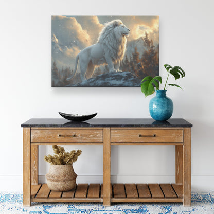 White Lion Standing in Magical Snowy Forest Under Glowing Twilight Skies with Shimmering Fur Canvas Wall Art - Awakening Righteousness