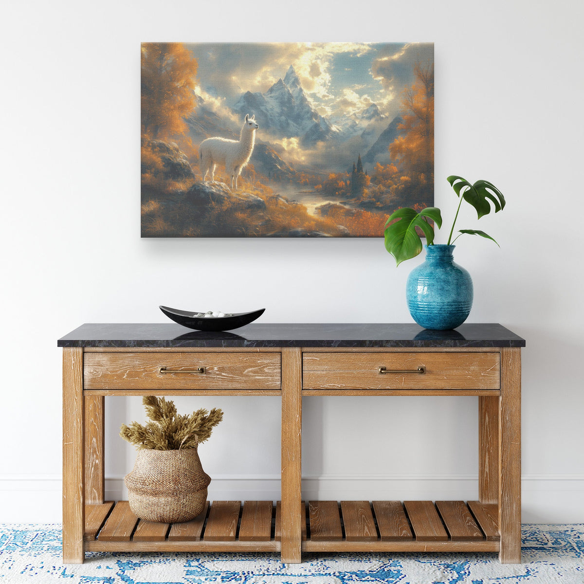 White Llama Standing Majestically in Misty Valley Surrounded by Snow Capped Peaks and Soft Golden Light Canvas Wall Art - Awakening Righteousness