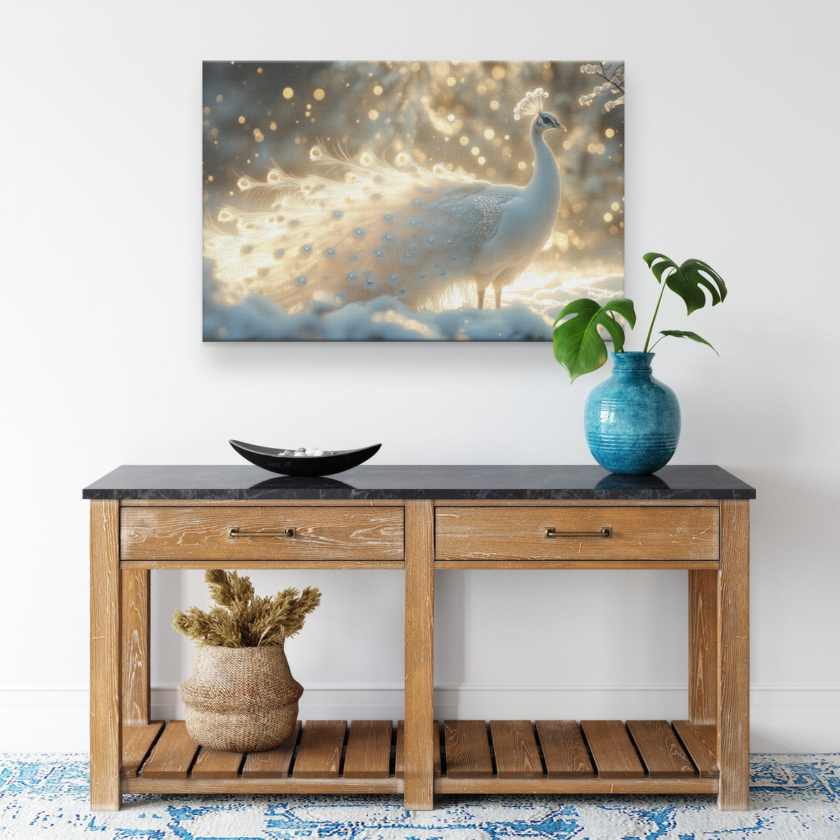 White Peacock Standing Gracefully in Snowy Landscape Under Moonlight with Glowing Silver Feathers Canvas Wall Art - Awakening Righteousness