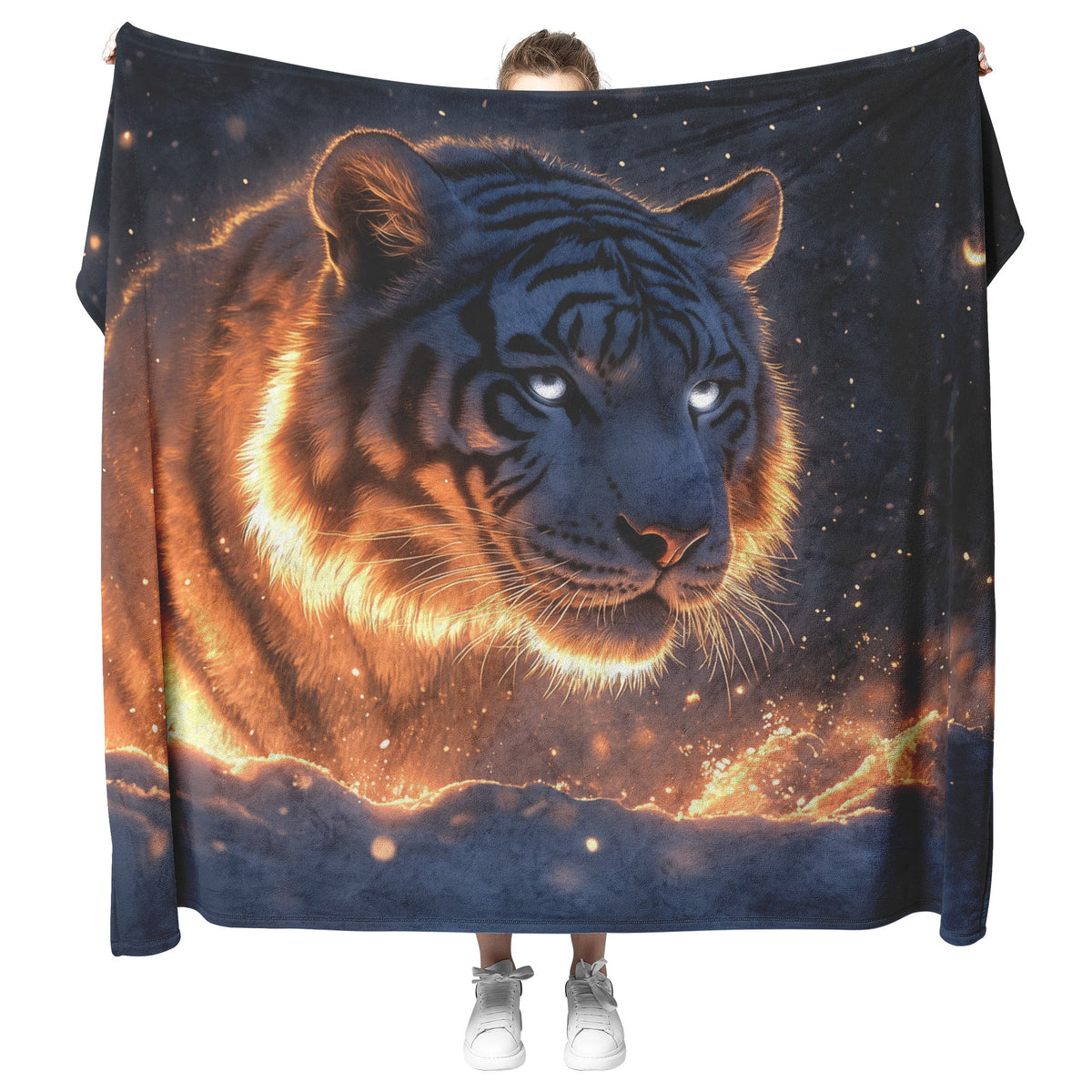 White Tiger in Glowing Snowy Forest Sherpa Fleece Blanket Soft Moonlight Silver Highlights Ethereal Serene Scene - Awakening Righteousness