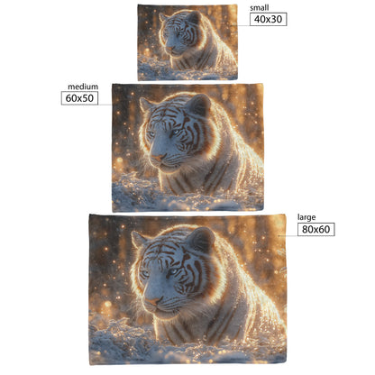 White Tiger in Glowing Snowy Forest Sherpa Fleece Blanket Soft Moonlight Silver Highlights Ethereal Serene Scene - Awakening Righteousness