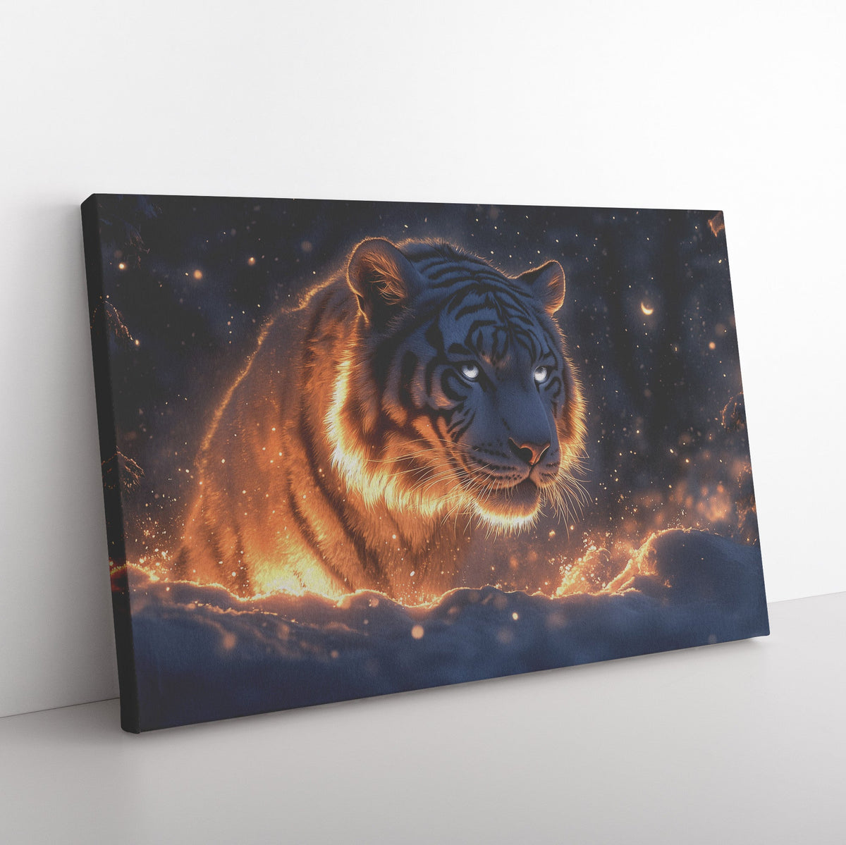 White Tiger in Glowing Snowy Forest Under Moonlight with Shimmering Silver Highlights Ethereal Canvas Wall Art - Awakening Righteousness