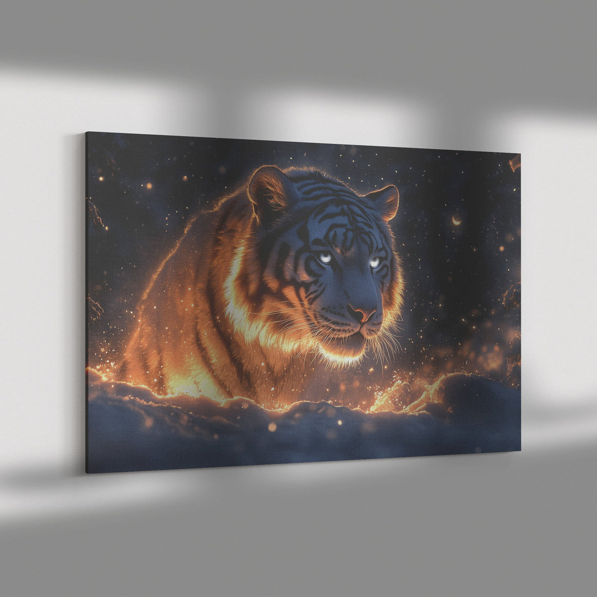White Tiger in Glowing Snowy Forest Under Moonlight with Shimmering Silver Highlights Ethereal Canvas Wall Art - Awakening Righteousness