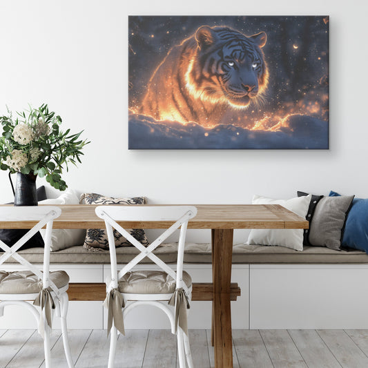 White Tiger in Glowing Snowy Forest Under Moonlight with Shimmering Silver Highlights Ethereal Canvas Wall Art - Awakening Righteousness