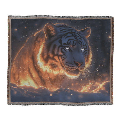 White Tiger in Glowing Snowy Forest with Silver Highlights Under Soft Moonlight Woven Throw Blanket - Awakening Righteousness