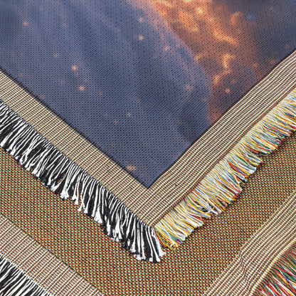 White Tiger on Snowy Cliff Under Twilight Sky with Stars and Glowing Light Woven Throw Blanket - Awakening Righteousness