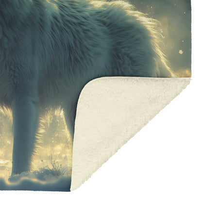 White Wolf Standing in Snowy Forest Under Faint Glowing Northern Lights Cozy Sherpa Blanket - Awakening Righteousness